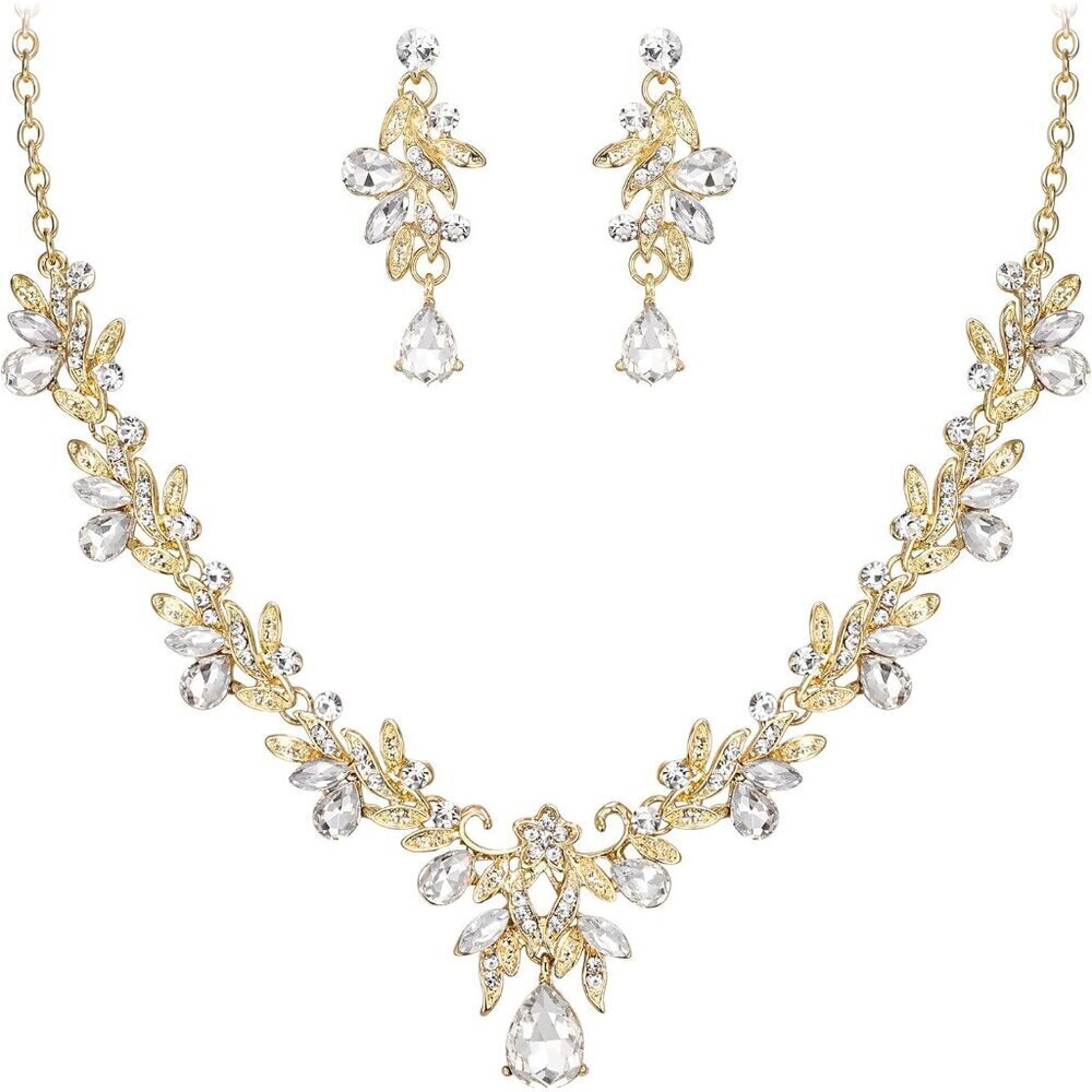 Women's Wedding Jewelry Set Crystal Leaf Flower Necklace Earrings Bridal Party